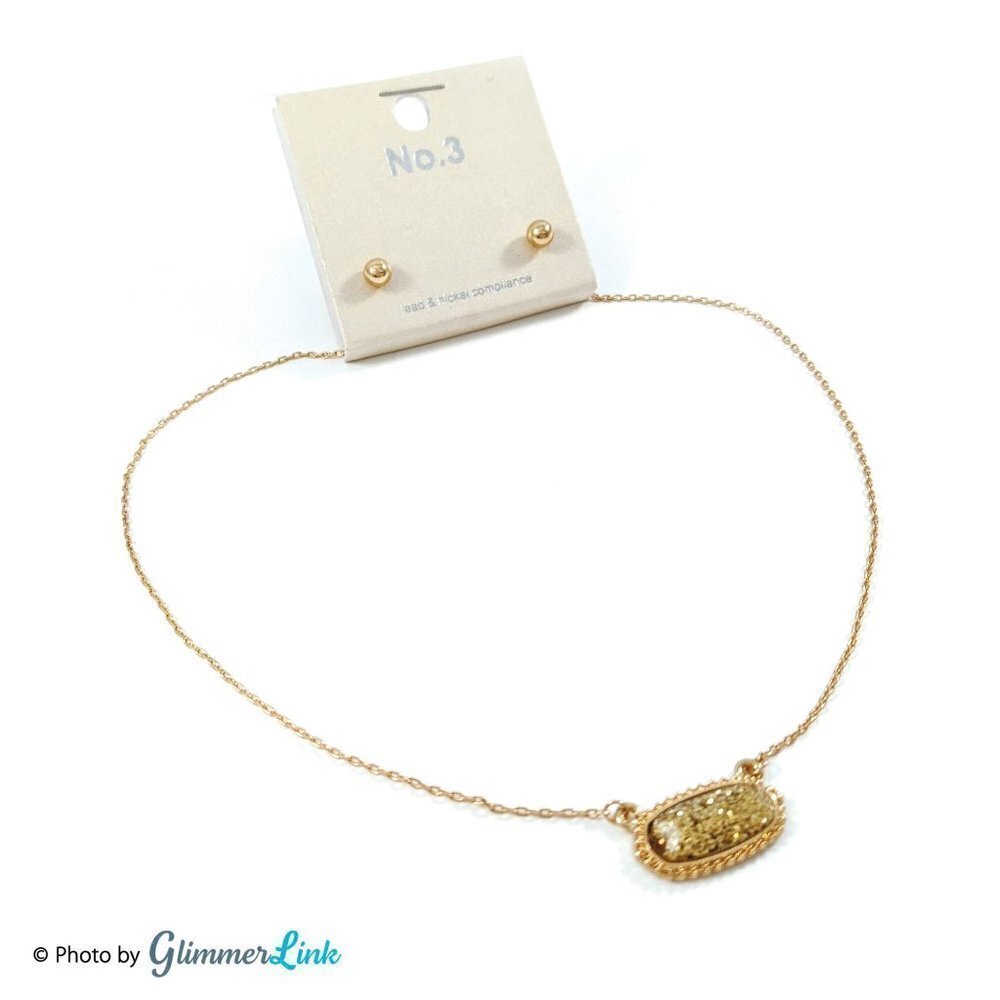 Gold Tone Glitter Resin Pendant Necklace & Ball Studs Set